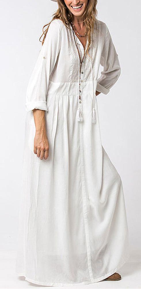 Cotton Maxi Dress with Long Sleeves 